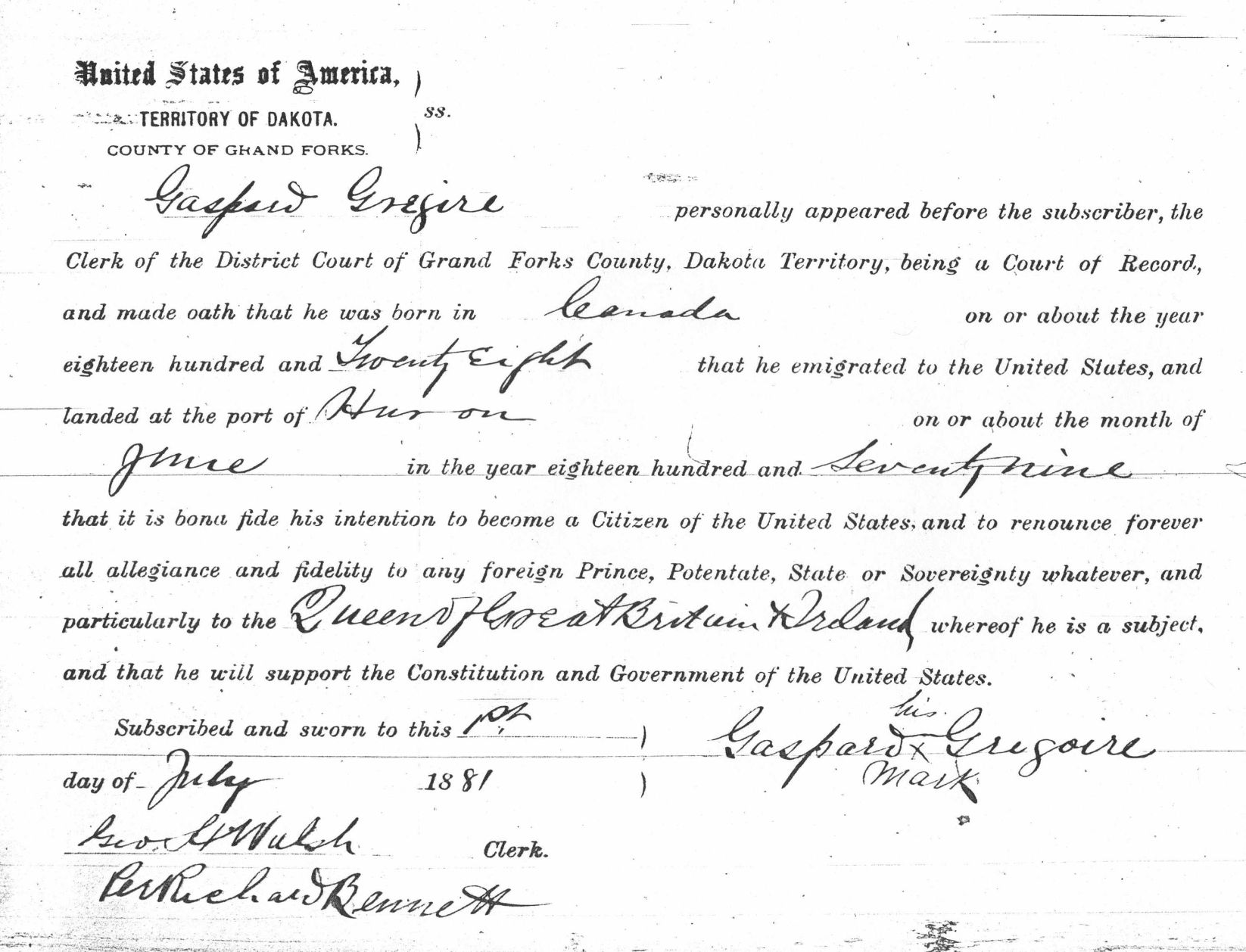  Gaspard Gregoire 1st filing for US Naturalization